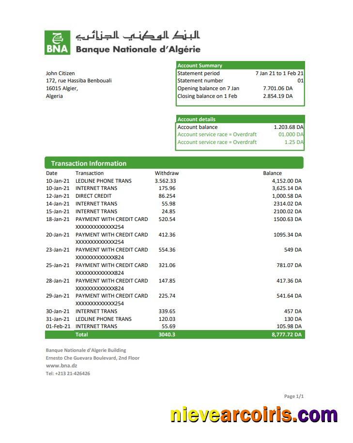 Algeria Banque nationale d’Algérie (BNA) excel